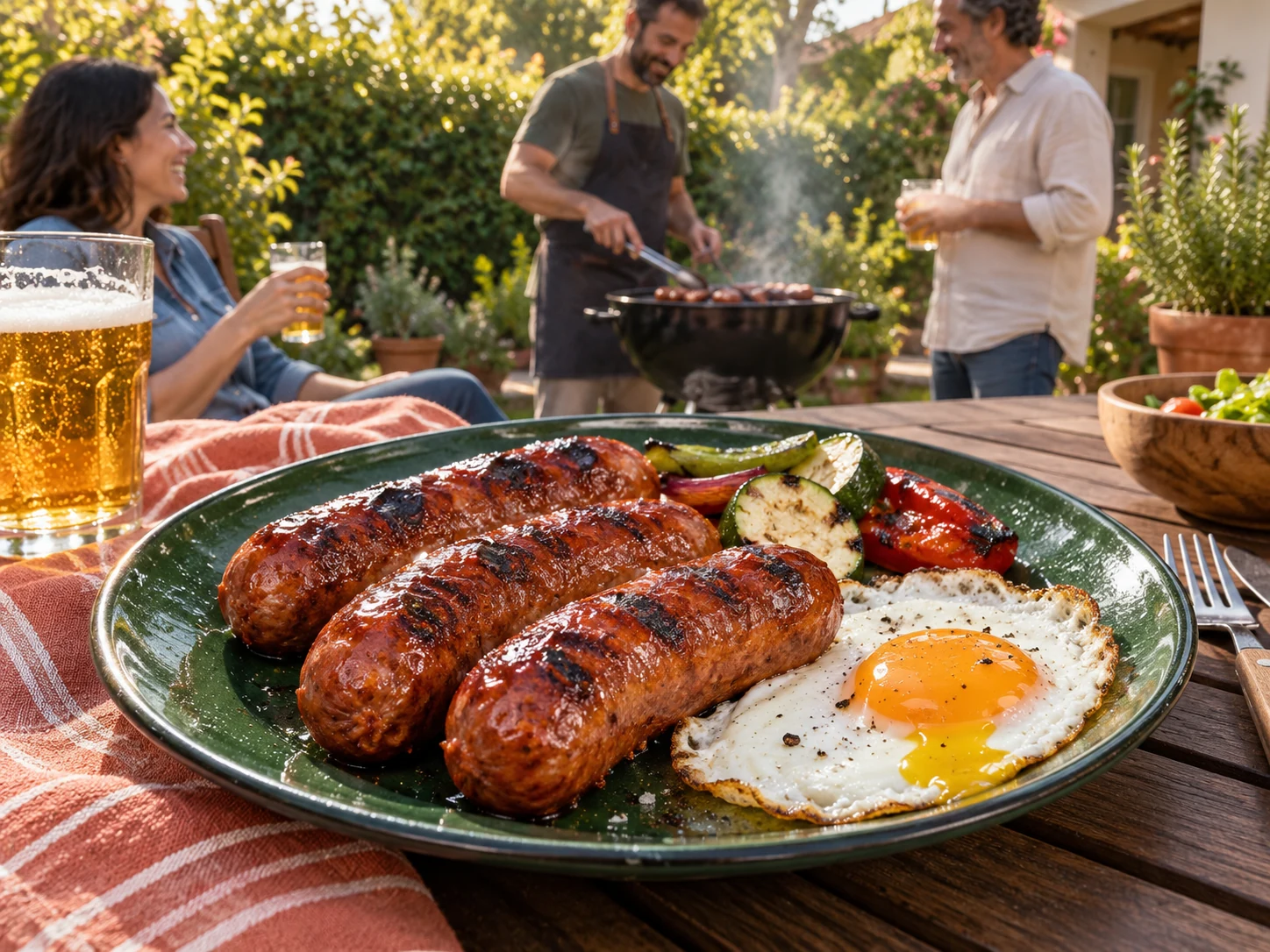 A la brasa — Chorizos a la brasa y un huevo frito, preparados para disfrutar de una barbacoa en el jardín y de la buena compañía.