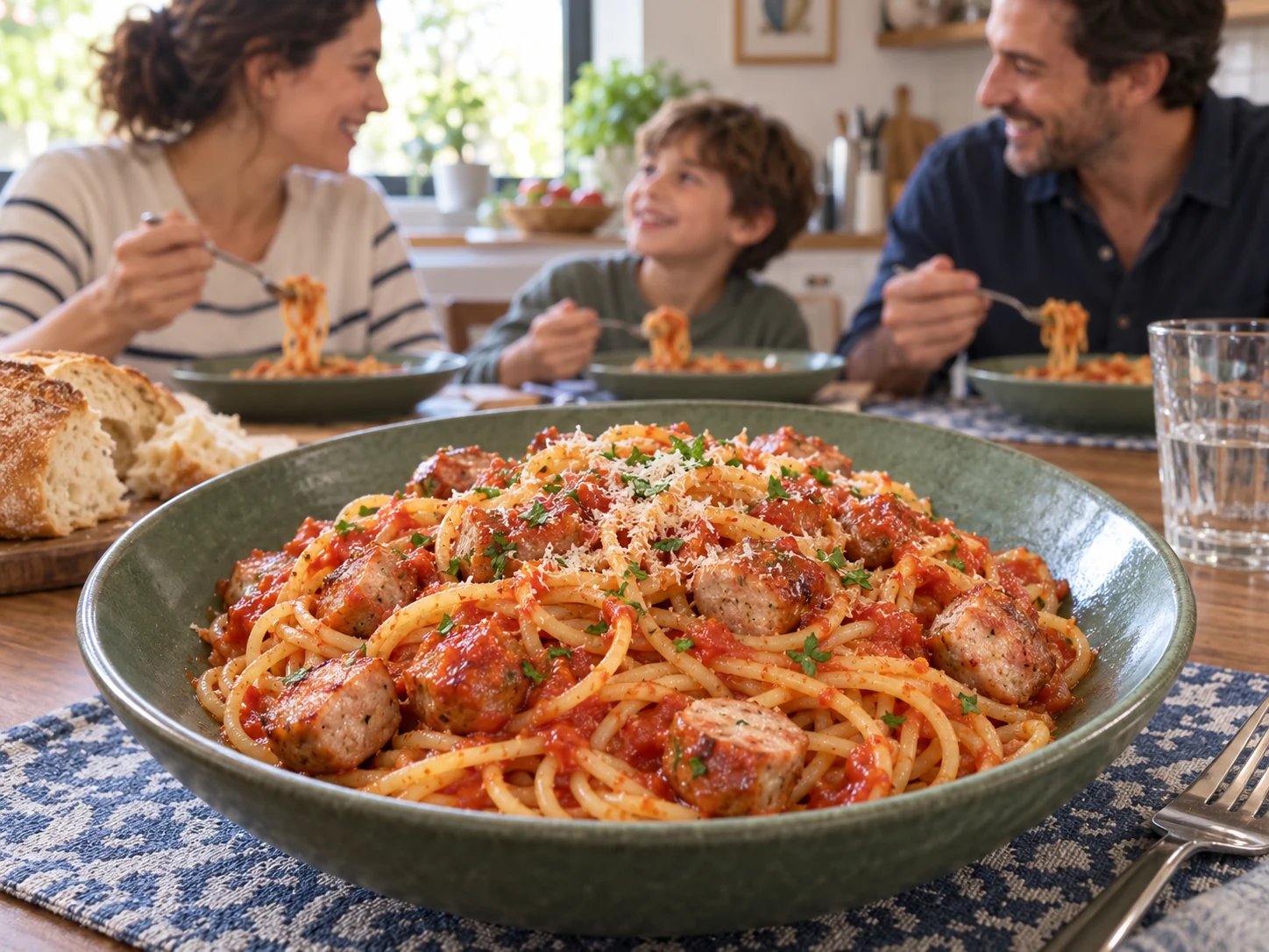 Cada día — Una comida en familia con espaguetis, tomate y longaniza troceada