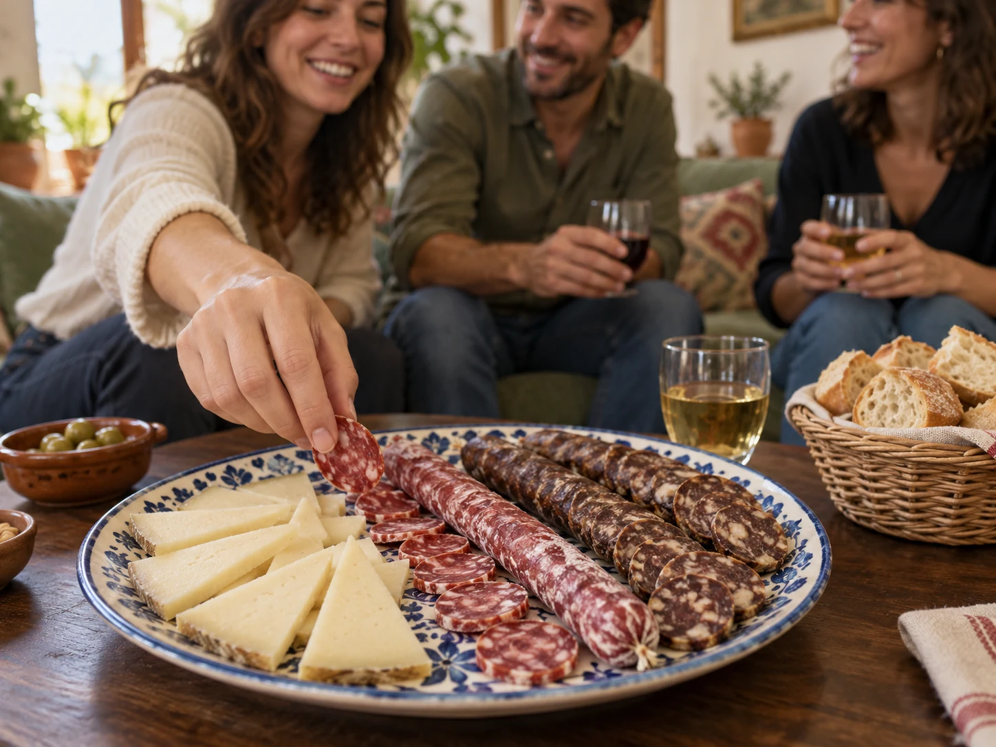 Para compartir — Un aperitivo en casa con queso cortado en triángulos, fuet casero y Volta de Pascua